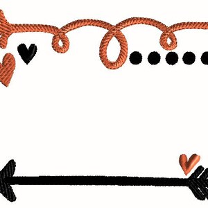 May include: Two black arrows with orange hearts and black dots. The top arrow is curved and the bottom arrow is straight.