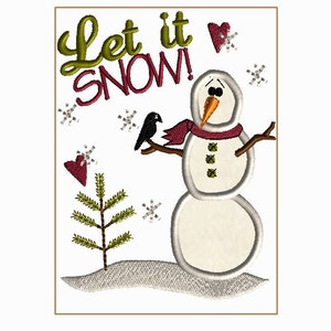 May include: Embroidered design featuring a snowman with a red scarf and a black bird perched on a branch. The text "Let it Snow!" is above the snowman with a red heart.
