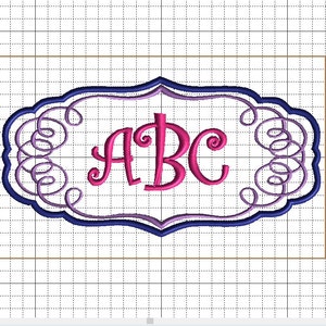 May include: A pink monogram with the letters "ABC" in a decorative script font, centered within a double-layered frame. The outer frame is navy blue, and the inner frame is purple with a swirling design.