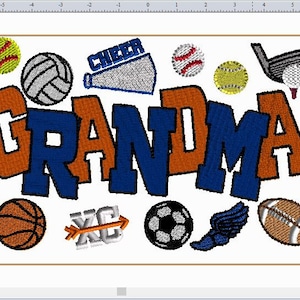 Op de afbeelding: Geborduurd ontwerp met het woord "GRANDMA" in oranje en blauw, omringd door sporticonen zoals een basketbal, voetbal en golfclub. Inclusief een volleybal, honkbal en een megafoon met het woord "CHEER".