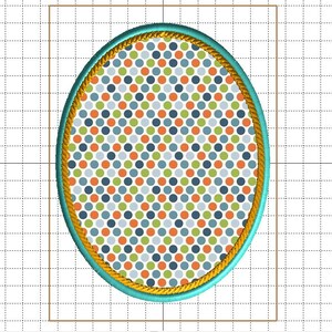 May include: A round, teal-colored patch with a gold rope border. The patch is filled with a pattern of small, colorful polka dots in shades of blue, green, orange, and red.