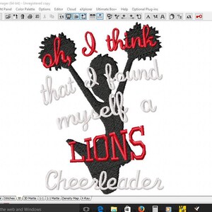 Può includere: Una silhouette in bianco e nero di una cheerleader che tiene in mano i pompon con il testo "Oh, I think that I found myself a LIONS Cheerleader" in rosso.