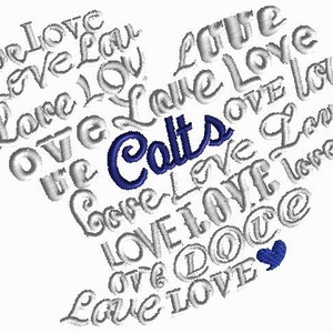 May include: A white heart-shaped design with the word "Colts" in blue surrounded by the word "love" repeated in various sizes and orientations.