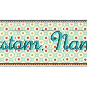 May include: A teal blue banner with a white and red polka dot pattern and a brown border. The banner says "Custom Name" in a teal blue cursive font.
