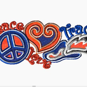 May include: Peace, love, and track design with a peace sign, heart, and a running shoe with wings. The design is in blue, red, and white.