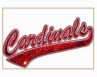May include: Red and white "Cardinals" logo with a sparkly, glittery finish. The logo is in a cursive font and is set against a white background.