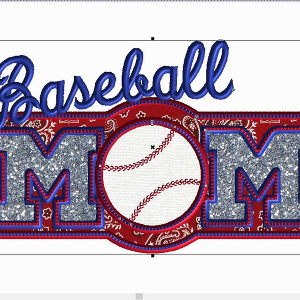 8x12 Hoop BASEBALL MOM  Applique lovers delight!  Applique patch, Mom, & Ball.  Sparkle and bling make it sing!  CHEVRON works well too!