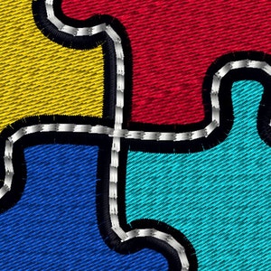 Può includere: Primo piano di un puzzle in tessuto composto da quattro pezzi. I pezzi sono gialli, rossi, blu e turchese. I bordi dei pezzi del puzzle sono contornati di nero e bianco.