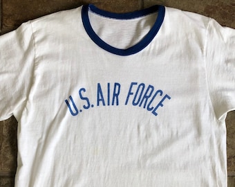 1970s US Air Force Blue & White Cotton Ringer T-Shirt  | Small / Medium | USAF