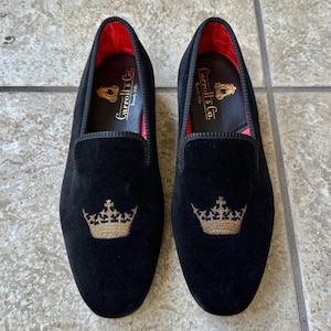 Vintage Black Velvet Evening Slippers w/ Bullion Crown | Size 8 | CARROLL & CO