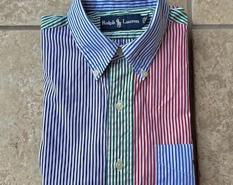 Camisa divertida de algodón popelina a rayas POLO RALPH LAUREN vintage con botones, talla mediana, estilo tradicional de la Ivy League