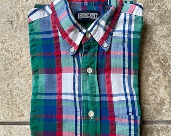 Vintage LANDS' END Green & Blue Plaid Seersucker Cotton Button Down Shirt | Medium |