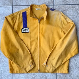 1960s Yellow Poplin Cotton Racing Jacket | Large | BONNER Premier Supertanium Fasteners Patch Ivy League Trad