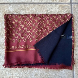 Vintage SAKS Red Floral Print Silk Foulard & Wool Reversible Scarf | Made in Italy Fringe Ends Ivy League Trad