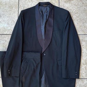 1970s PALM BEACH Black Worsted Wool Shawl Collar Tuxedo | 44 Long | 1 Button Ivy League Trad