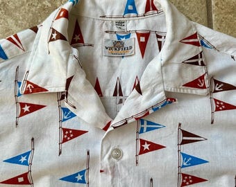 1960s White Nautical Flag Print Short Sleeve Loop Collar Shirt | Small | WICKFIELD SPORTSWEAR