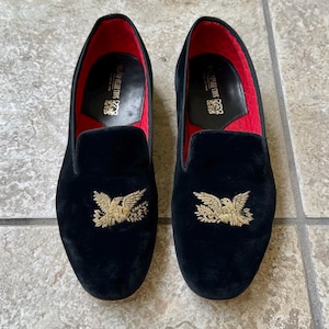 1970s Black Velvet Evening Slippers w/ Bullion Eagle | Size 10 | SAKS Made in England
