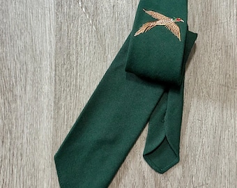 1950s Dark Green Cotton Silk Embroidered Tie w/ Pheasant Motif | Untipped