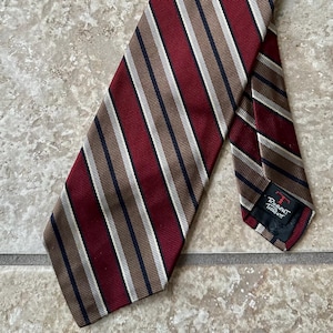 Peut inclure: Cravate à rayures bordeaux, marron, beige et bleu marine. La cravate présente un motif à rayures diagonales classique. Fabriquée en tissu lisse, elle convient aux tenues formelles ou professionnelles. L'étiquette indique "Robert Talbott".