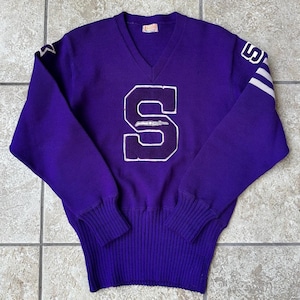 Suéter universitario con cuello en V de lana violeta de los años 50 / Grande / DETROIT KNITTING MILLS Ivy League Trad