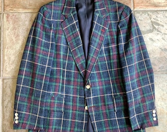 1970s POLO RALPH LAUREN Blue Plaid Linen Wool Sport Coat | 36 Regular | 2-Button