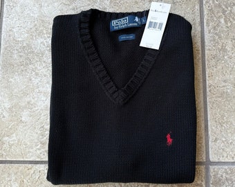 Deadstock POLO RALPH LAUREN Black Cotton V-Neck Sweater Vest | Large | Ivy League Trad Nos