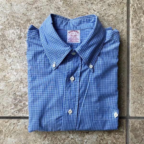 Vintage BROOKS BROTHERS Blue Tattersall Broadcloth Cotton Button Down Shirt | 16.5 - 33 | ivy League Trad