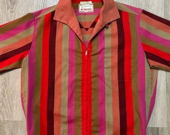 1950s MCGREGOR Pink & Red Striped Cotton Shirt-Jac | Medium | Italian Collar