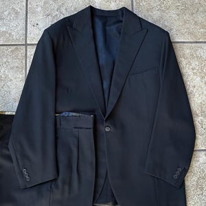 1930s Black Gabardine Wool Peak Lapel Suit | 37 38 Short | 1 Button Jacket Button Fly Trousers