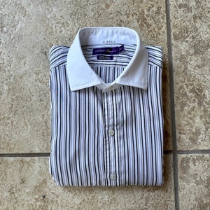 Vintage RALPH LAUREN Purple Label Gray Striped Broadcloth Dress Shirt | 16.5 - 36 | White Contrast Collar Made in Britain