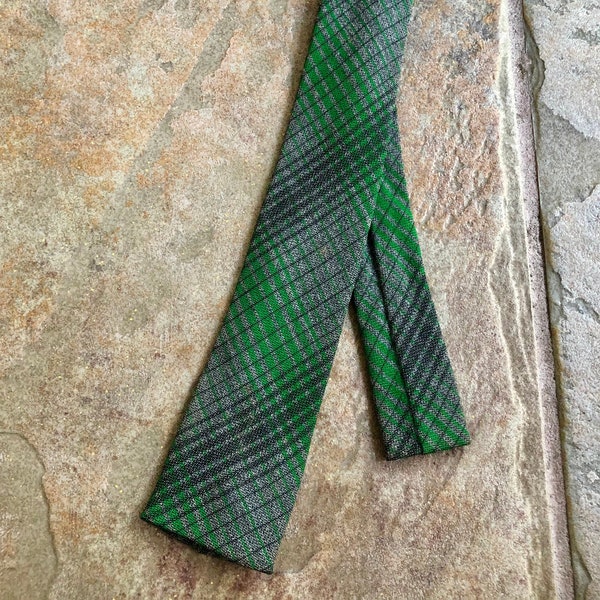 1960s Green & Gray Plaid Wool Skinny Tie | Square Ends Ivy League Trad