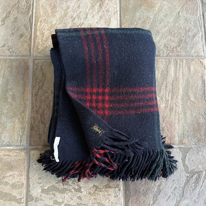 1930s 40s Dark Blue & Red Plaid Wool Double Sided Blanket | 64&quot; x 52&quot; | Chase Troy Blanket Mills