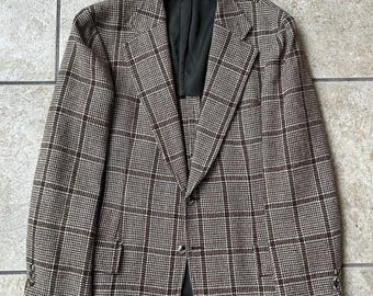 Chaqueta deportiva de lana tweed a cuadros marrones y grises de los años 70 / Tallas 41 y 42 regulares / Estilo Ivy League tradicional