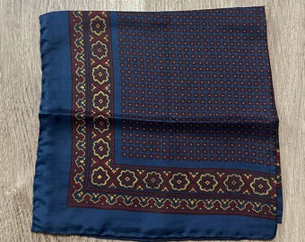 1960s Blue & Red Medallion Print Silk Foulard Pocket Square | 18" x 18" | BURDINE'S