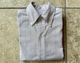 1950s BROOKS BROTHERS Beige & Green Striped Oxford Cloth Button Down | 14.5 - 32 | Ivy League Trad