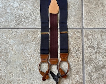 Vintage Navy Blue Nylon Suspenders Braces | Leather Tabs Ivy League Trad