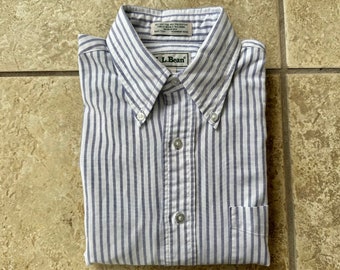 Vintage LL BEAN Blue Striped Oxford Cloth Button Down Shirt | 15 - 33 | Made in USA Ivy League Trad