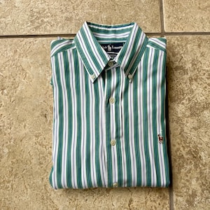 Vintage POLO RALPH LAUREN Green & Blue Striped Poplin Button Down Shirt | 14.5 - 33 | Ivy League Trad Nos