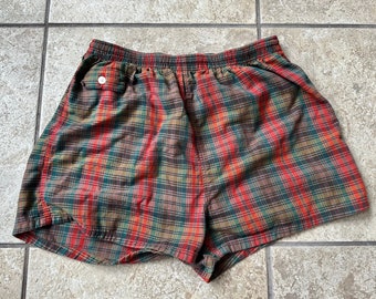1960s Red & Green Plaid Cotton Swim Trunks | Medium | Ivy League Trad