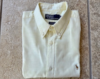 Década de 1980 POLO RALPH LAUREN Amarillo Oxford Tela Manga Corta Botón Abajo / 15.5 / Ivy League Trad