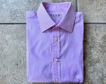 Vintage THOMAS PINK Broadcloth Pink & Blue Striped Broadcloth Dress Shirt | 16.5 - 34 | Made in Ireland Trad