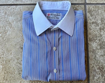 Vintage TURNBULL & ASSER Blue Striped Broadcloth Dress Shirt | 16.5 - 34 | Made in England Contrast Collar and Cuffs Trad