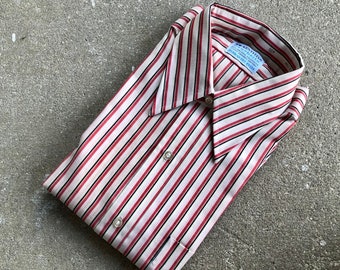 domani blue label dress shirts Domani Blue Label Stiped Button Up Shirt Mens Size M 32/33 Gray Pink Cotton Poly
