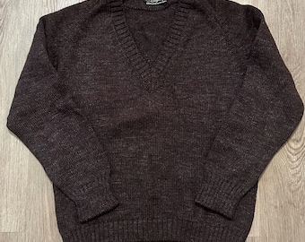 Jersey de lana marrón oscuro con cuello en V de los años 60 / Talla M / Hecho en Italia