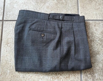 vintage POLO RALPH LAUREN - Pantalon à plis en laine peignée peignée à carreaux gris et bleu | 32 x 33 | Ajusteurs latéraux Ivy League Trad