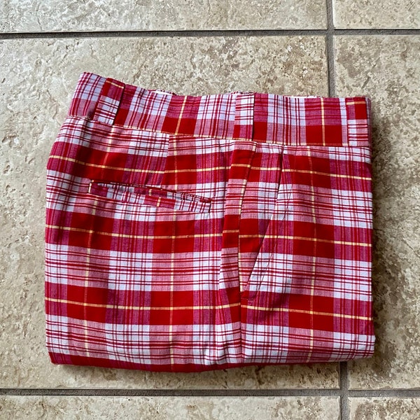1970s BROOKS BROTHERS Red Plaid Bleeding Madras Cotton Trousers | 32 x 33 | Ivy League Trad