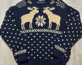 Vintage POLO RALPH LAUREN Marinblå Fair Isle Handstickad Ulltröja | Medium |