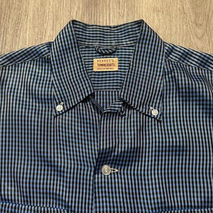 1950s PENNEYS TOWNCRAFT Blue Gingham Rayon Loop Collar Shirt | Medium | Atomic