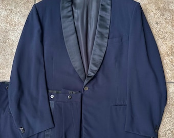 1950s Midnight Blue Worsted Wool Shawl Collar Tuxedo | 40 41 Regular | 1-Button Jacket