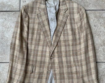 Vintage SOUTHWICK Beige Plaid Silk Linen Sport Coat | 41 42 Regular | 2-Button